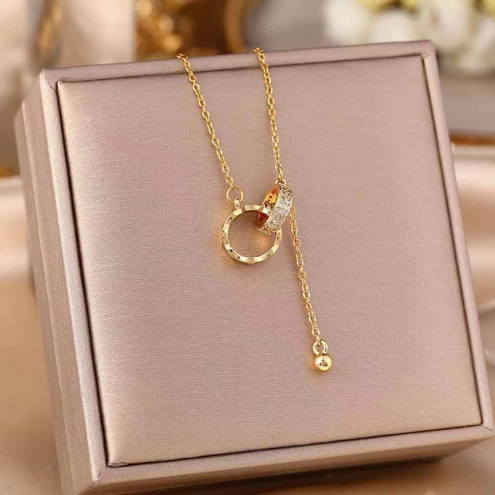 Gold Double Ring Diamond Lariat Necklace – Women's Luxury Pendant
