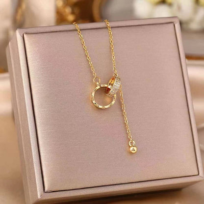 Gold Double Ring Diamond Lariat Necklace – Women's Luxury Pendant