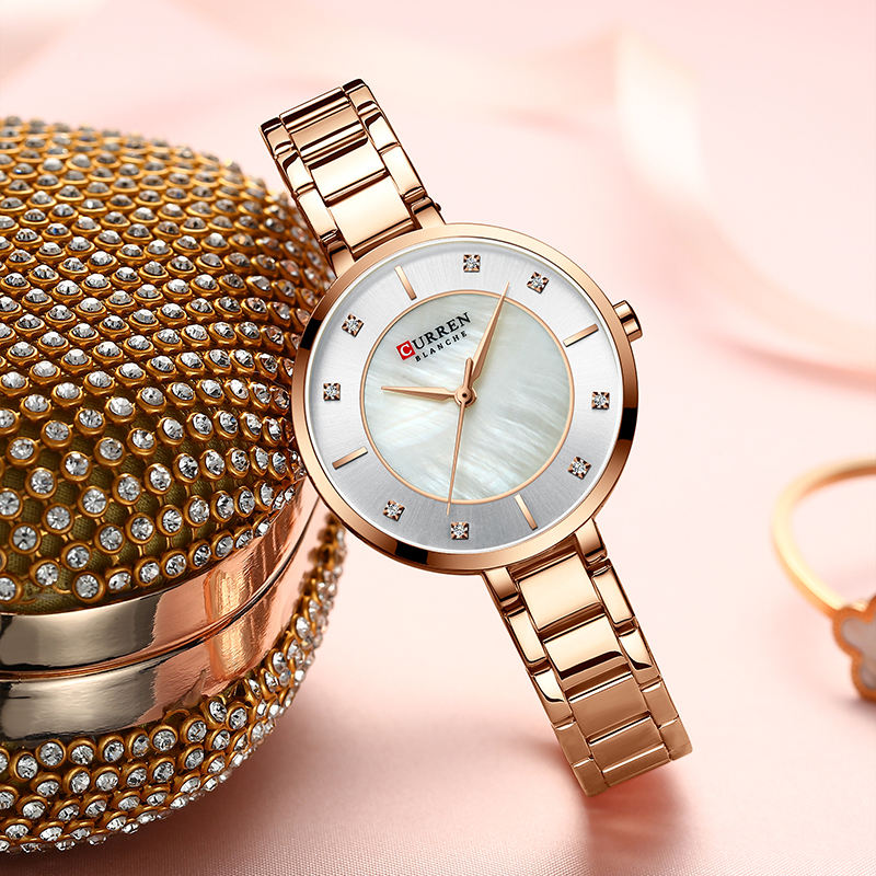 Curren Blanche Gold Pearl Diamond Watch – Women's Luxury Stainless Steel Timepiece