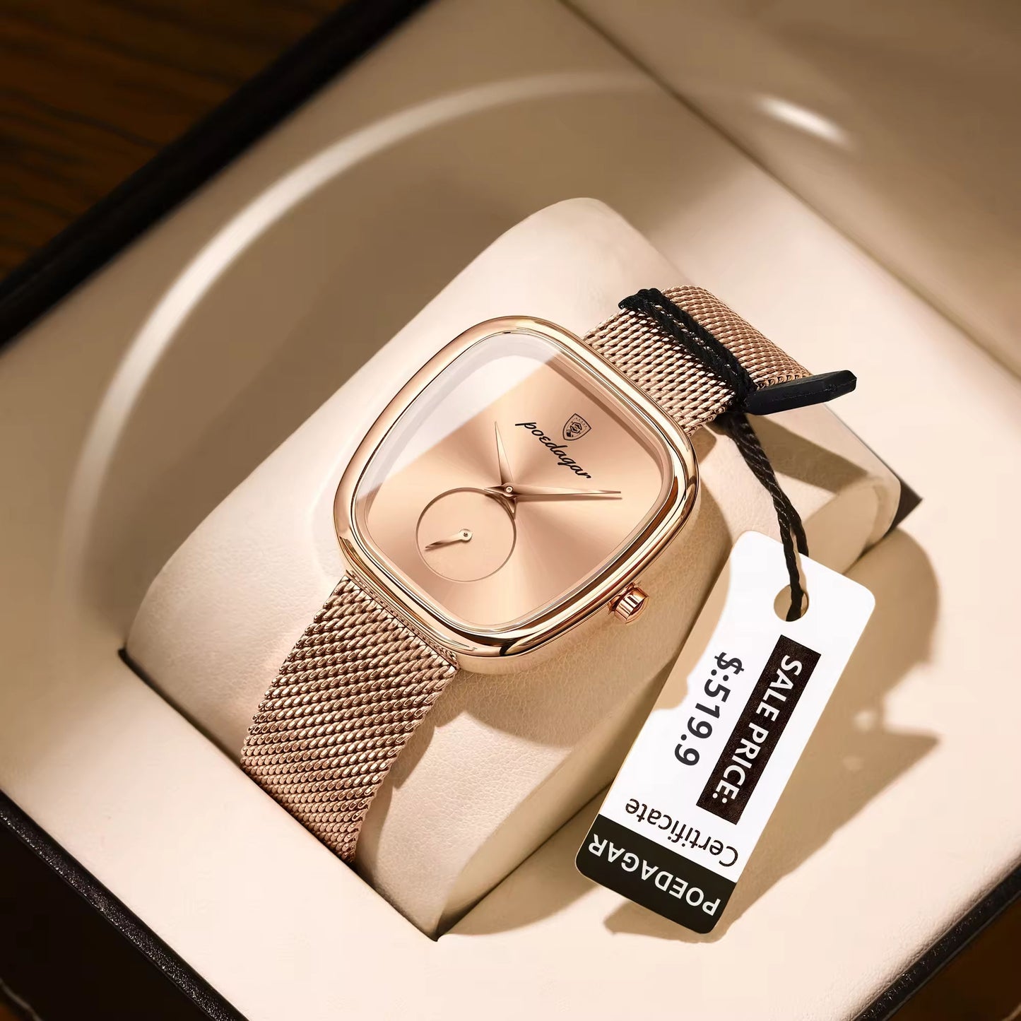 Poedagar Rose Gold Cushion Mesh Watch – Women's Luxury Minimalist Timepiece