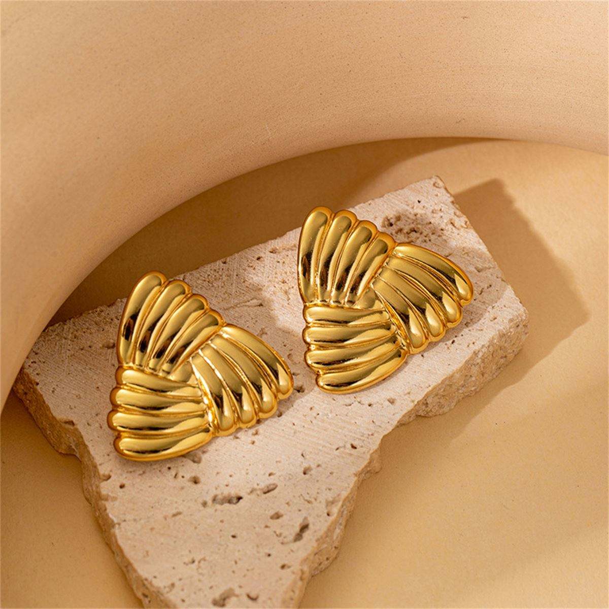 Gold Ribbed Fan Heart Statement Earrings