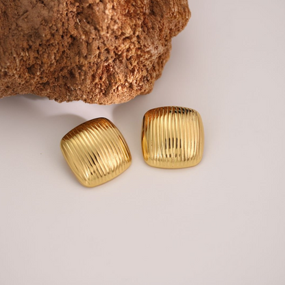 Gold Ribbed Square Chunk Stud Earrings