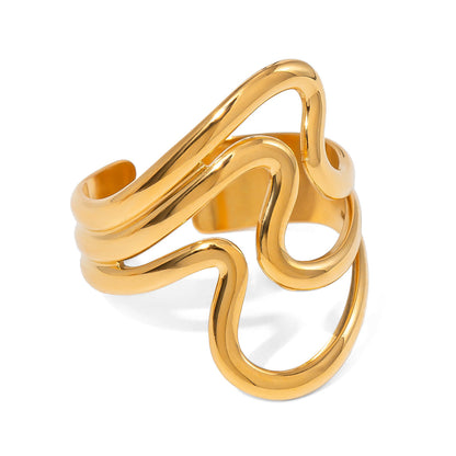 Gold Abstract Wave Layered Open Ring
