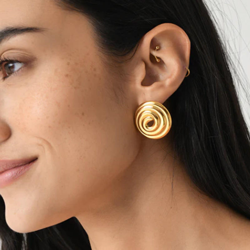 Gold Spiral Swirl Stud Earrings