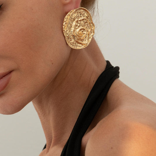 Gold Textured Rose Disc Statement Earrings
