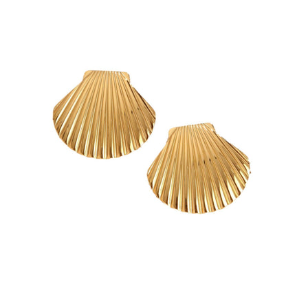Gold Ribbed Scallop Shell Statement Earrings