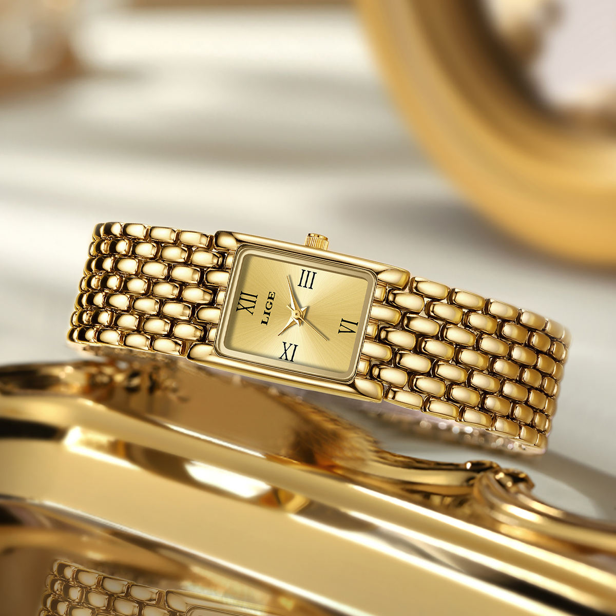 LIGE Royal Gold Rectangle Watch – Women's Luxury Bracelet Timepiece