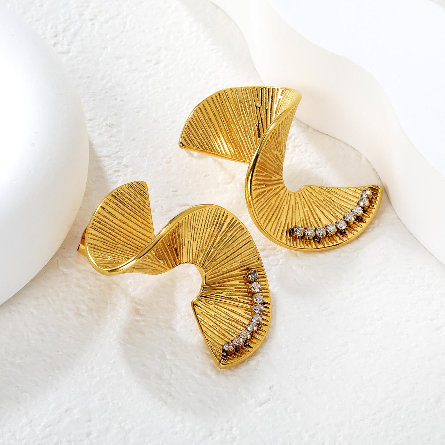 Gold Double Fan Crystal Drop Earrings