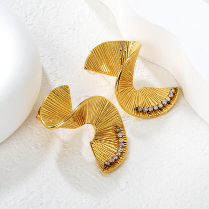 Gold Double Fan Crystal Drop Earrings