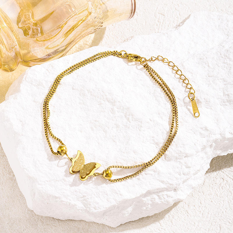 Gold Double Layer Butterfly Bead Box Chain Anklet