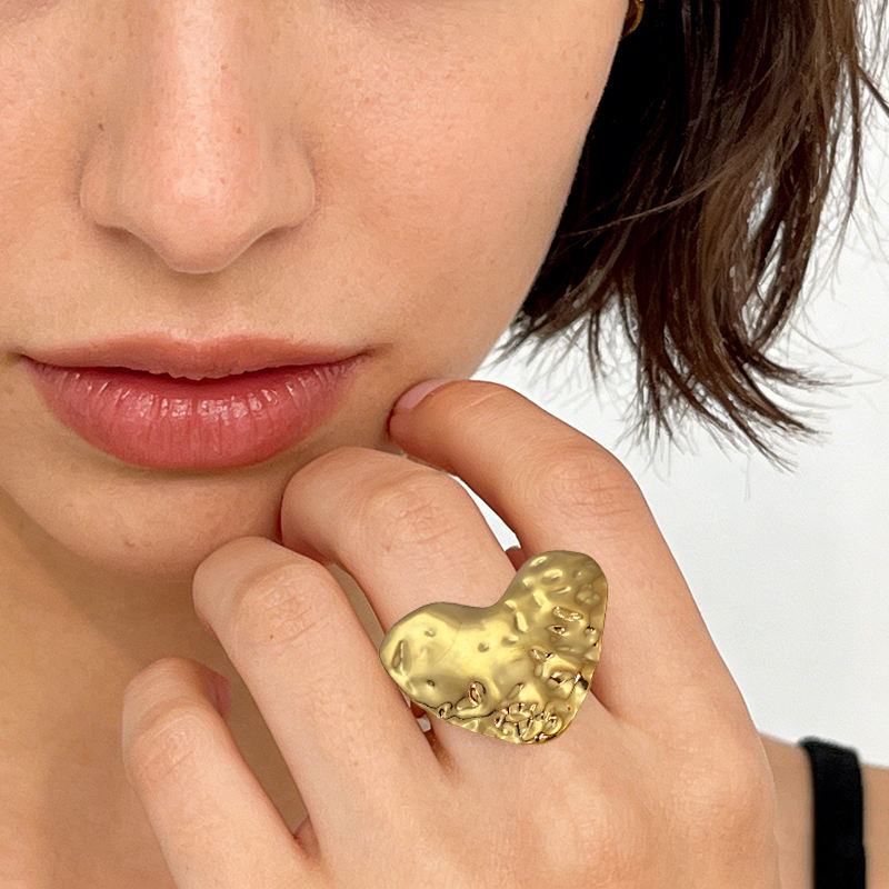 Gold Hammered Heart Statement Ring