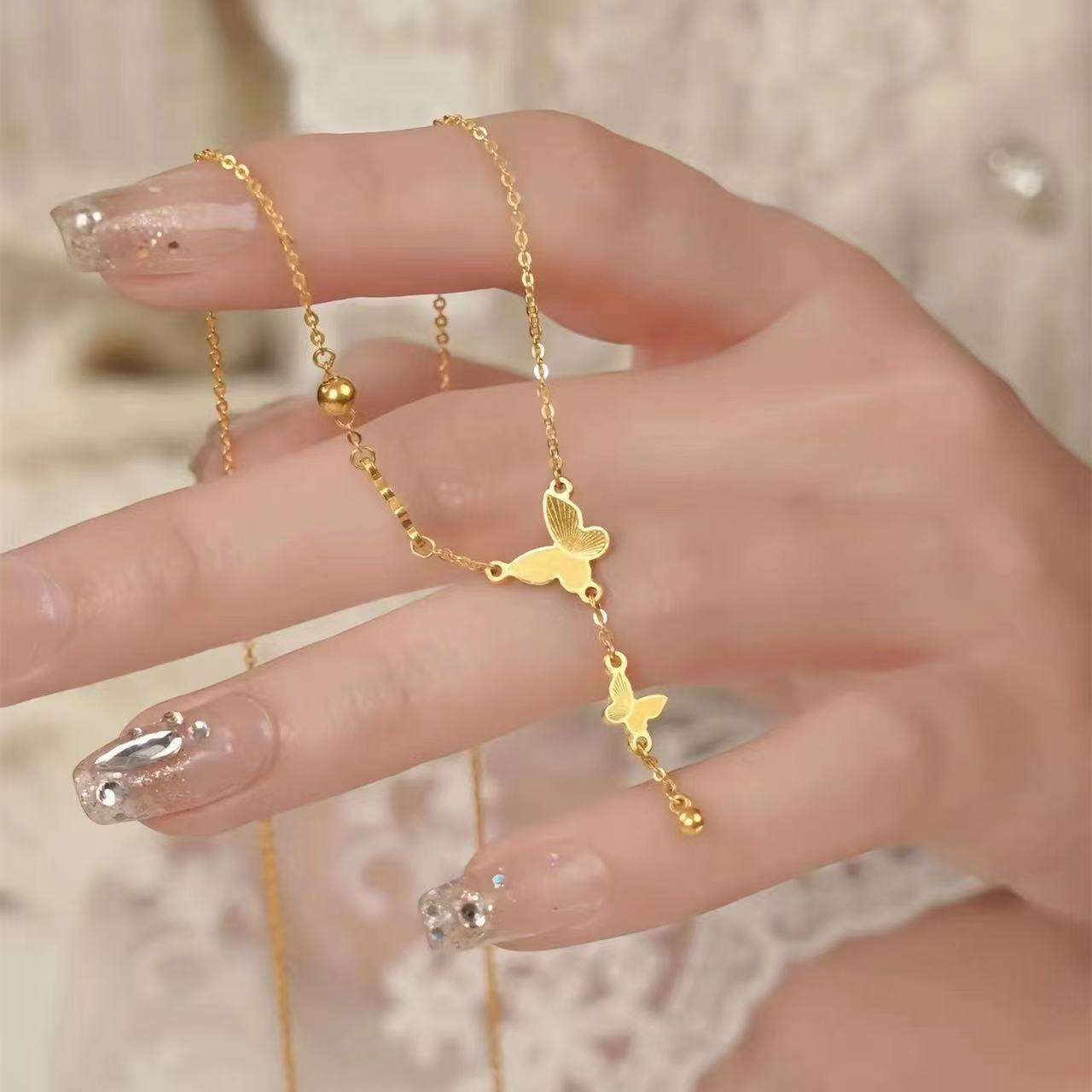 Gold Triple Butterfly Lariat Necklace