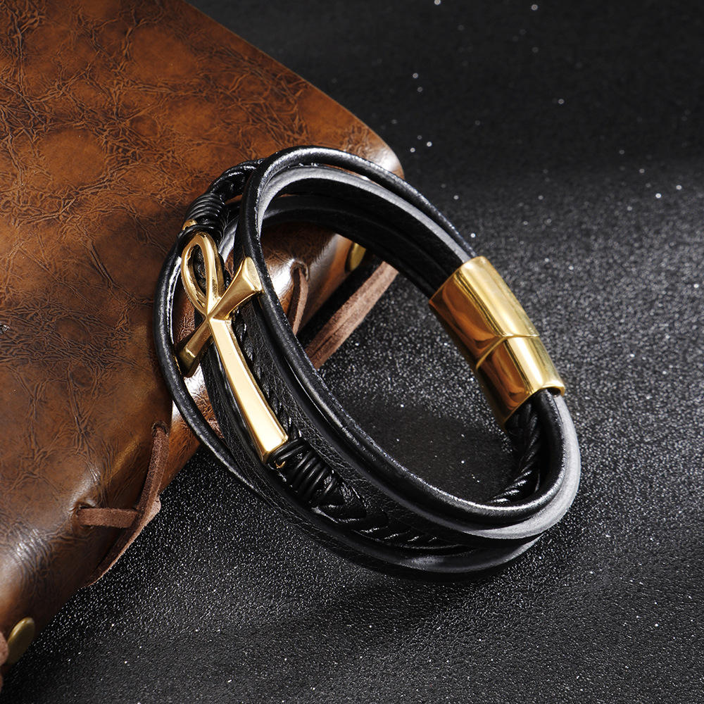 Egyptian Ankh Cross Multi-Layer Leather Bracelet – Silver, Gold & Black