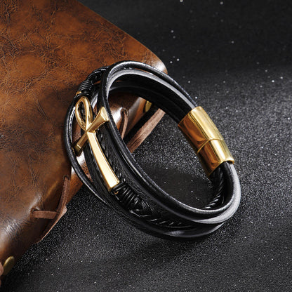 Egyptian Ankh Cross Multi-Layer Leather Bracelet – Silver, Gold & Black