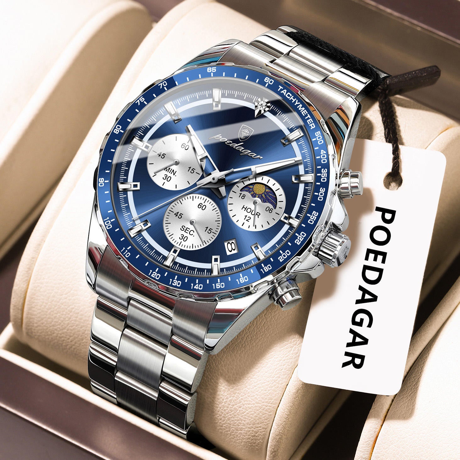 POEDAGAR Moon Phase Chronograph Watch