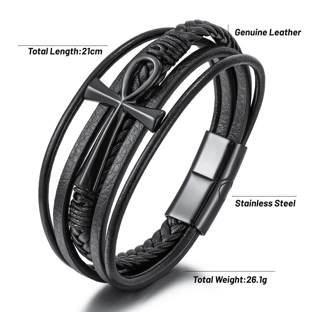 Egyptian Ankh Cross Multi-Layer Leather Bracelet – Silver, Gold & Black