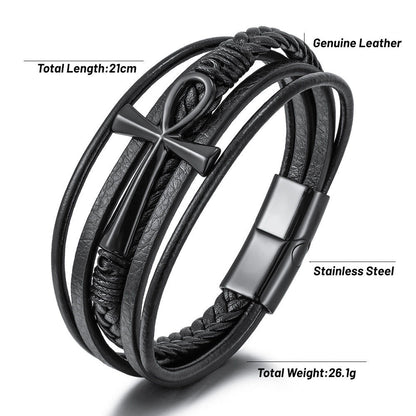 Egyptian Ankh Cross Multi-Layer Leather Bracelet – Silver, Gold & Black