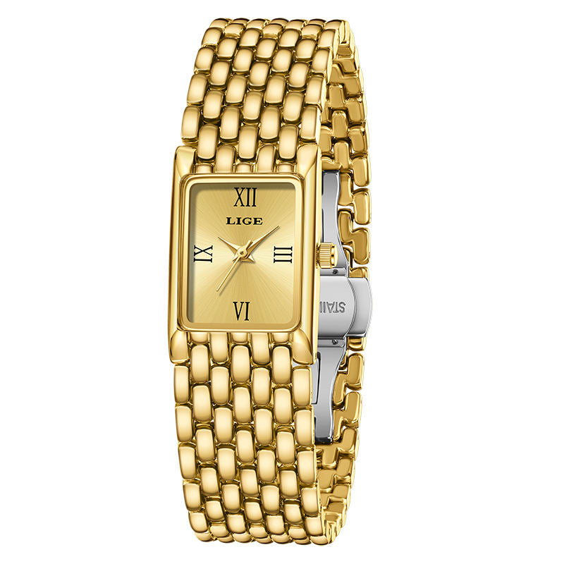 LIGE Royal Gold Rectangle Watch – Women's Luxury Bracelet Timepiece