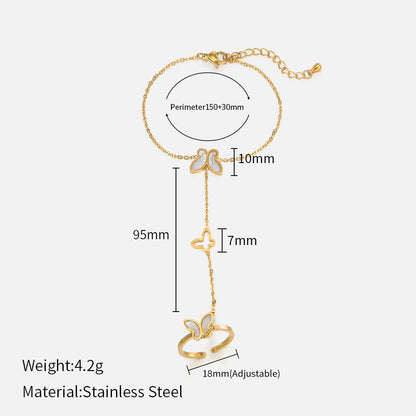 Gold Butterfly Hand Chain Bracelet & Ring Set - 20cm