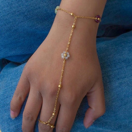 Gold Mixed Clover & Daisy Hand Chain Bracelet