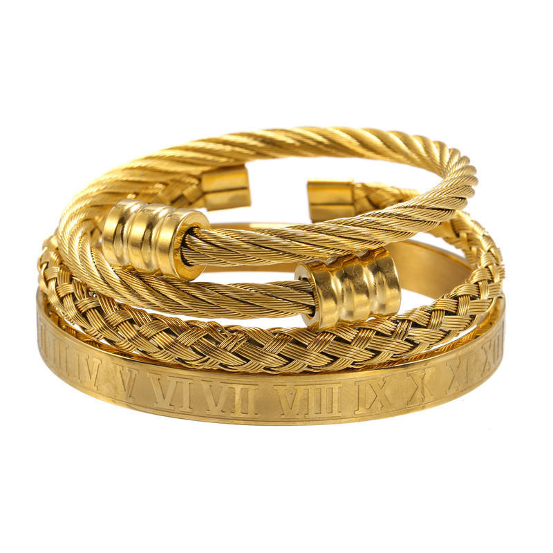 Gold Roman Numeral Bracelet Set – 3-Piece Luxury Bangle Collection