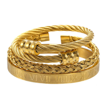Gold Roman Numeral Bracelet Set – 3-Piece Luxury Bangle Collection