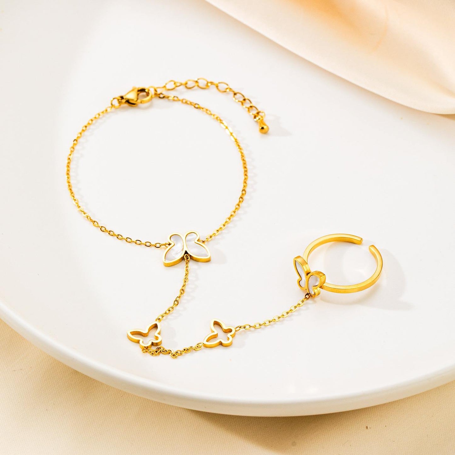 Gold Butterfly Hand Chain Bracelet & Ring Set - 20cm