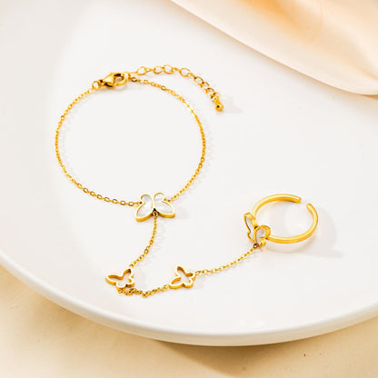 Gold Butterfly Hand Chain Bracelet & Ring Set - 20cm