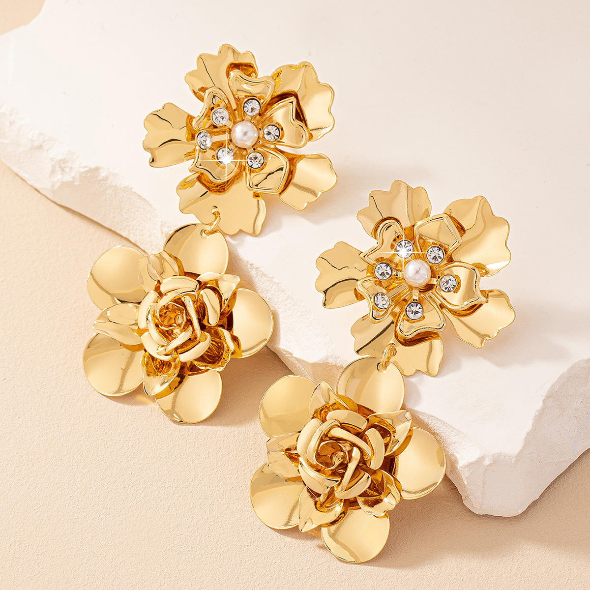 Gold Double Flower Drop Earrings