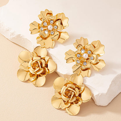 Gold Double Flower Drop Earrings