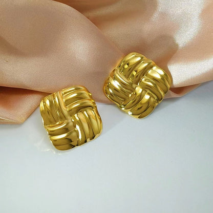 Gold Woven Knot Square Chunk Stud Earrings
