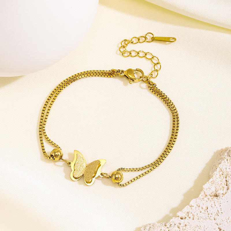 Gold Double Layer Butterfly Bead Box Chain Anklet