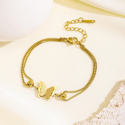 Gold Double Layer Butterfly Bead Box Chain Anklet