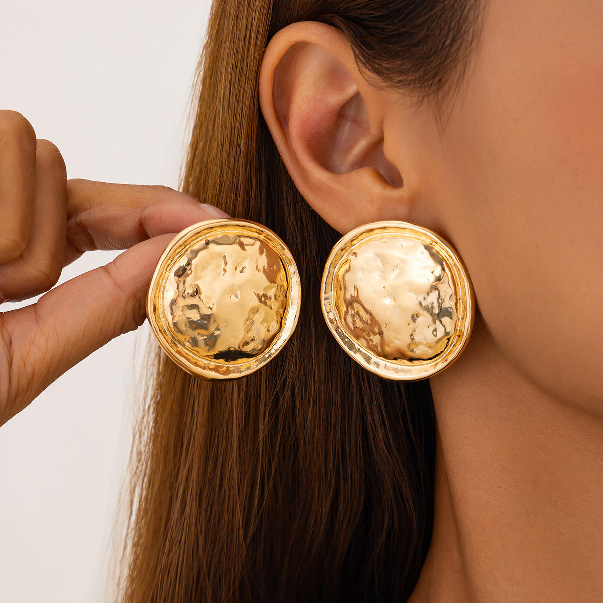 Gold Hammered Dome Disc Statement Earrings