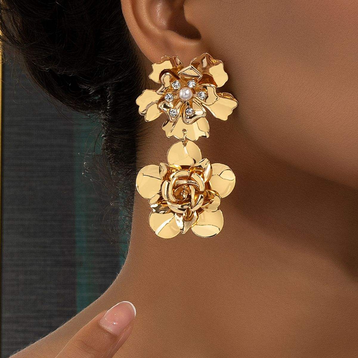 Gold Double Flower Drop Earrings