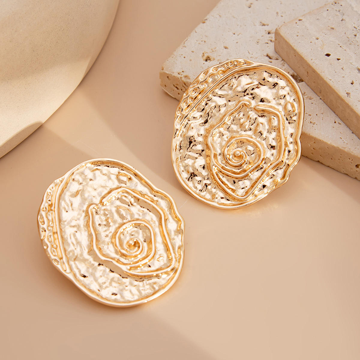 Gold Textured Rose Disc Statement Earrings