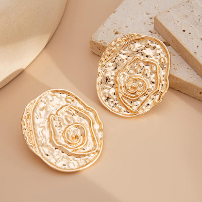 Gold Textured Rose Disc Statement Earrings