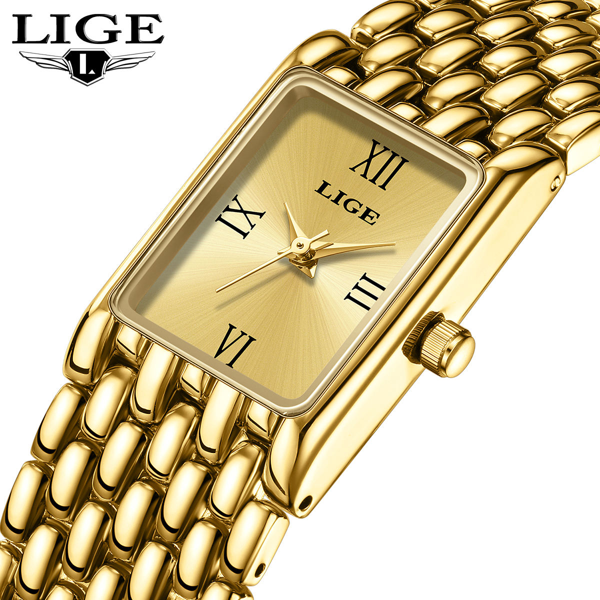 LIGE Royal Gold Rectangle Watch – Women's Luxury Bracelet Timepiece