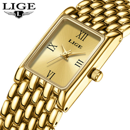 LIGE Royal Gold Rectangle Watch – Women's Luxury Bracelet Timepiece