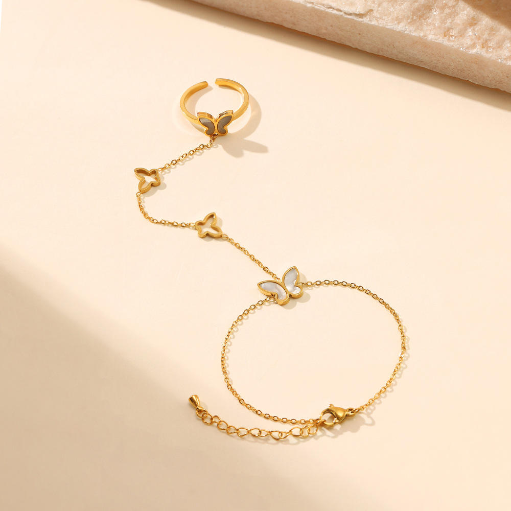 Gold Butterfly Hand Chain Bracelet & Ring Set - 20cm