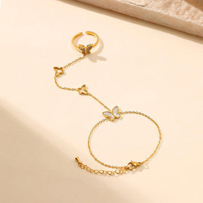 Gold Butterfly Hand Chain Bracelet & Ring Set - 20cm