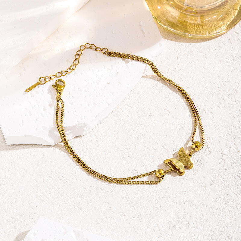 Gold Double Layer Butterfly Bead Box Chain Anklet