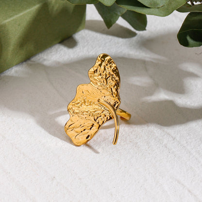 Gold Hammered Ginkgo Leaf Statement Ring