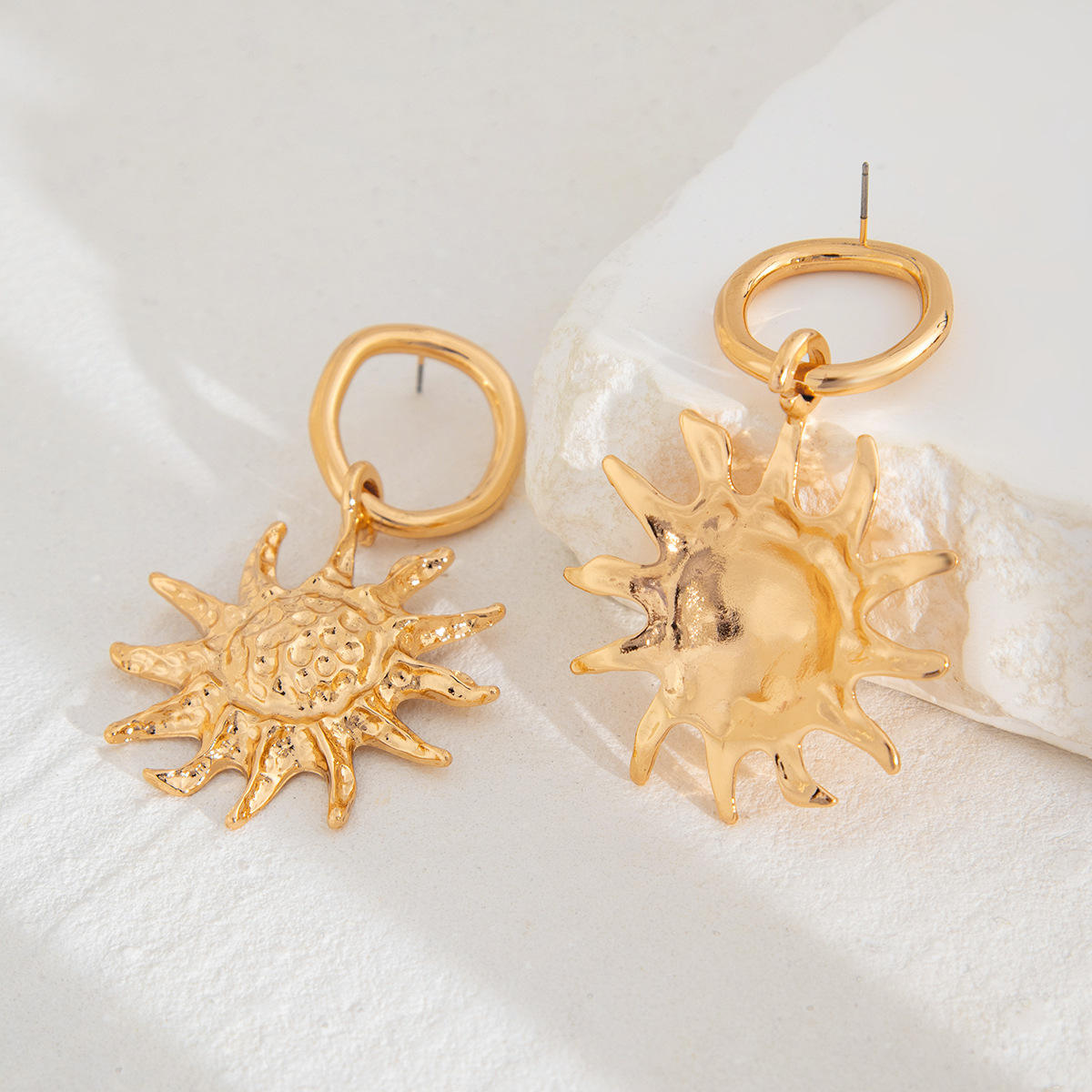 Gold Molten Sun Hoop Drop Earrings