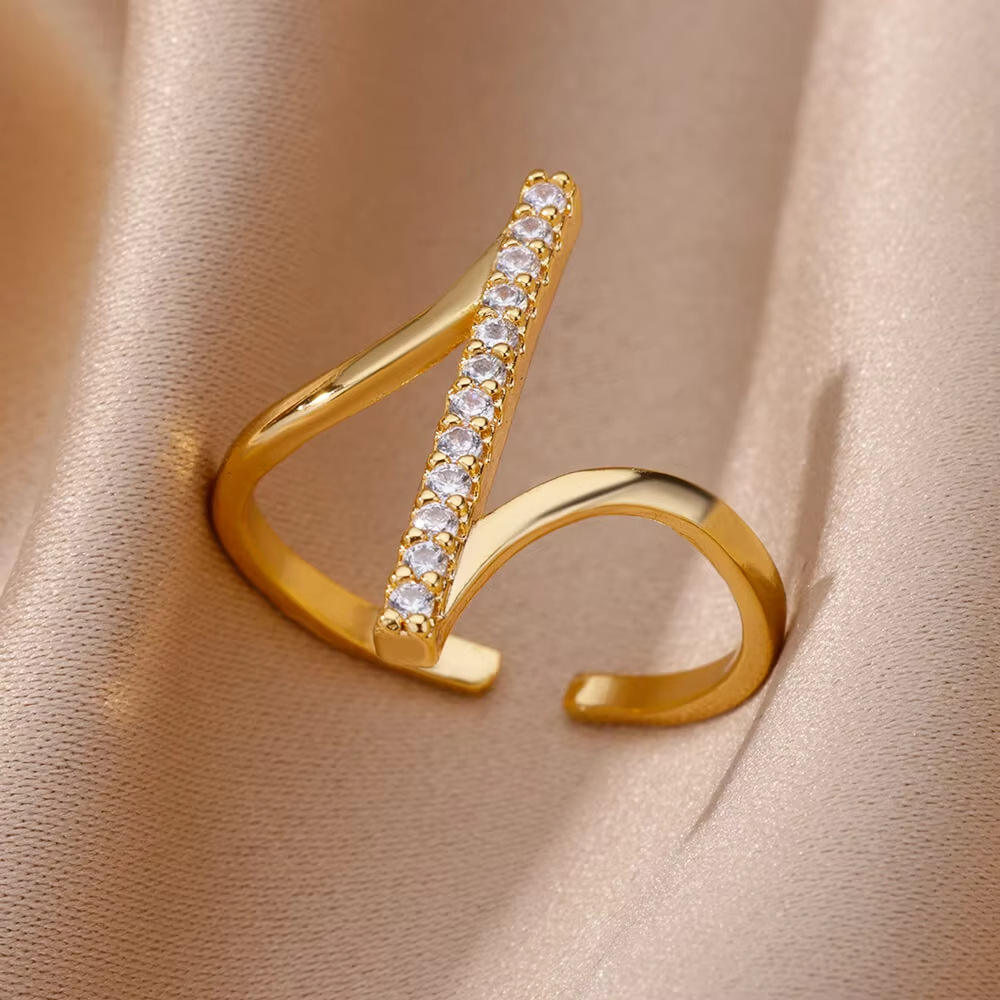 Gold Crystal Bar Open Ring