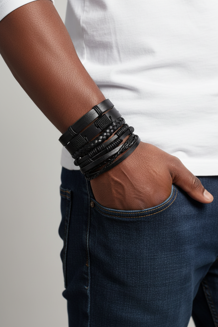Black Leather Bracelet Set – Men's Lifestyle