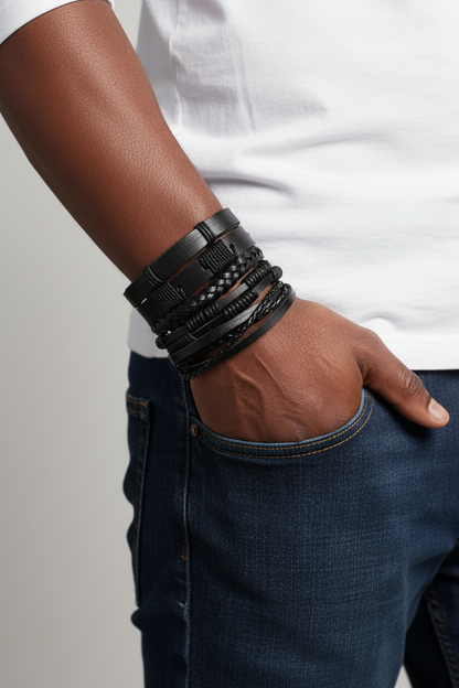 Black Leather Bracelet Set – Men's Lifestyle