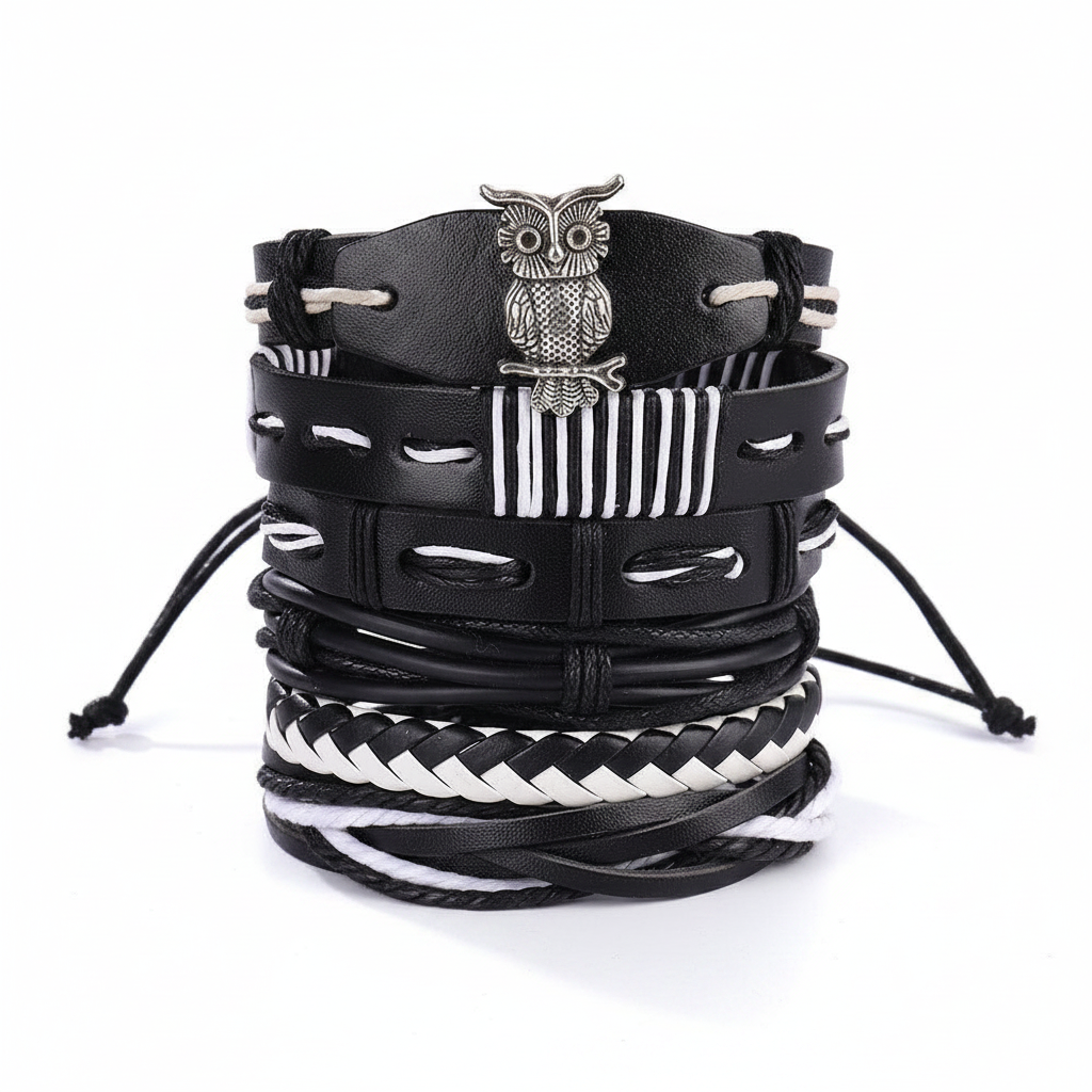 Black & White Owl Leather Bracelet Set – White Background