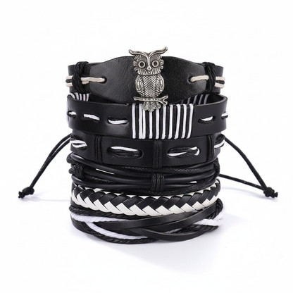 Black & White Owl Leather Bracelet Set – White Background