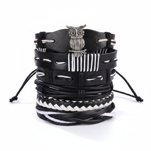 Black & White Owl Leather Bracelet Set – White Background